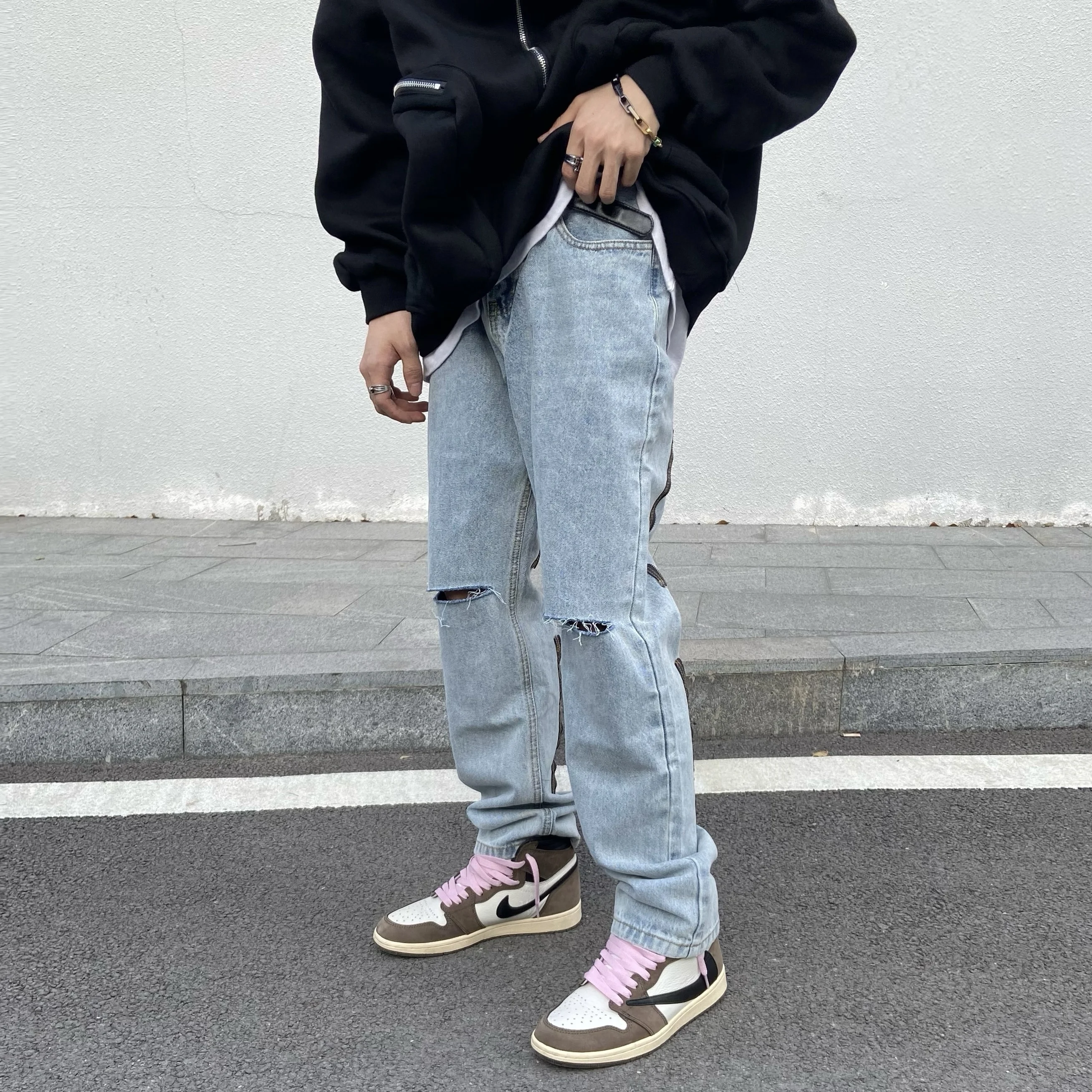 Men's Clothing Men's Jeans Loose Hip Hop High Street Hole Patchwork Design Y2k Street Style Streetwear Korean Fashion Clothing