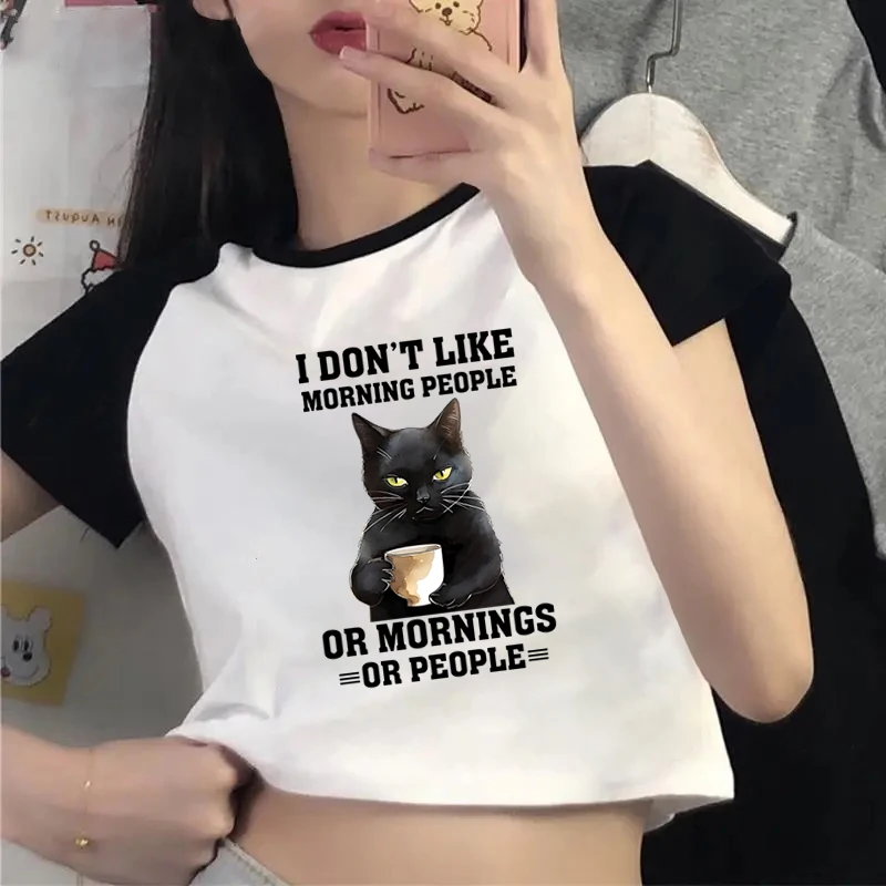 Футболка женская с принтом «Я не люблю утренних людей» или «моржинг или людей», забавная укороченная футболка с коротким рукавом и принтом черной кошки