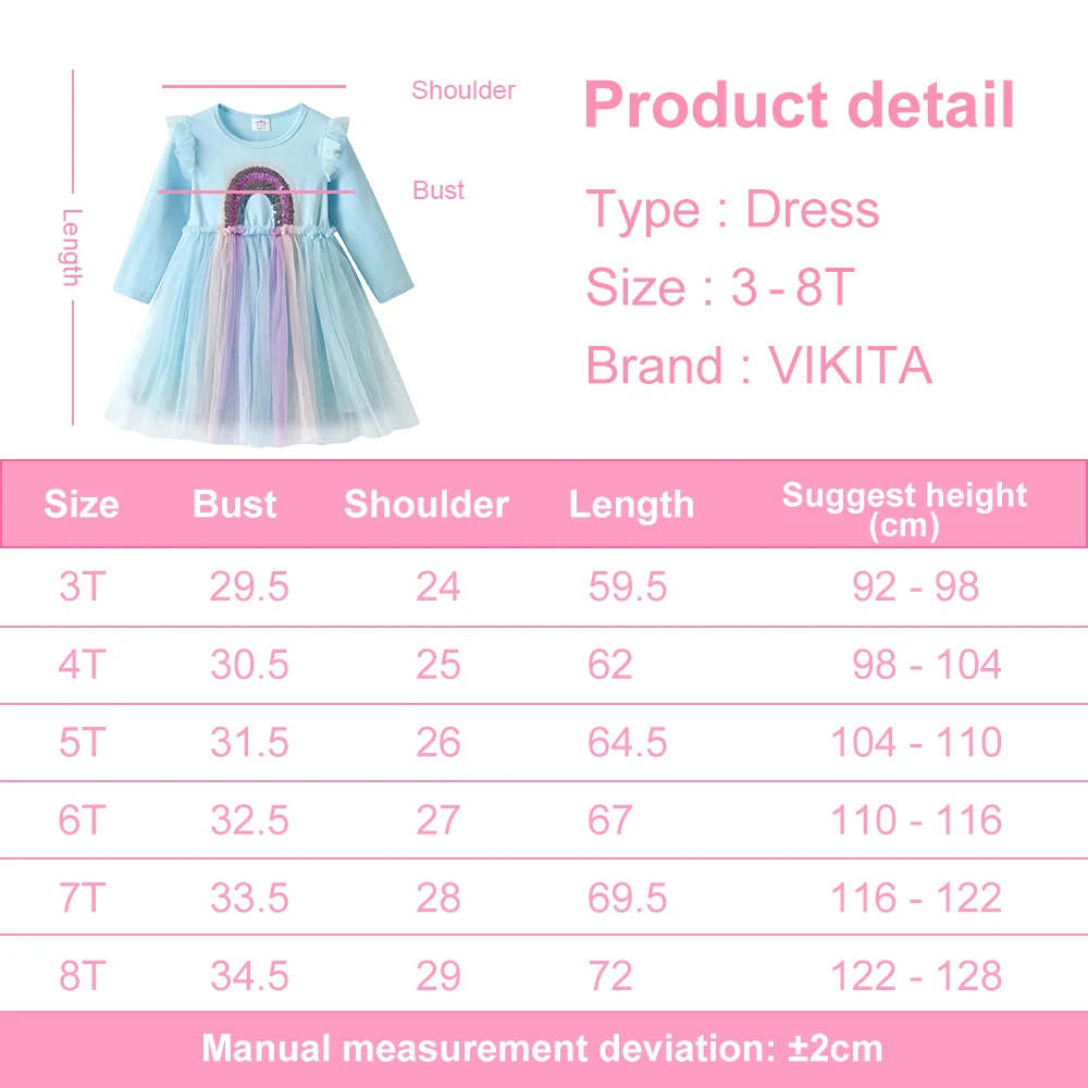 VIKITA Girls Sequined Princess Dress Rainbow Prom Dress For Kids Autumn Children Vestidos Long Sleeve Girls Dresses Casual Wear