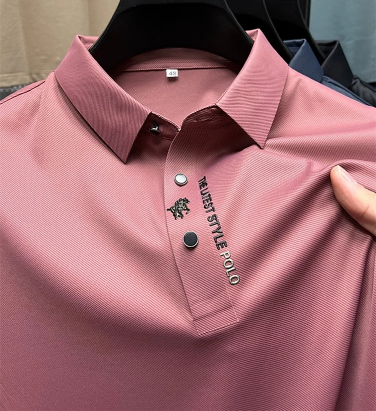 

High End High-quality Ice Silk Temperament Short Sleeved T-shirt For Men's Fashion Embroidery Casual Stretch Comfort Polo Shi