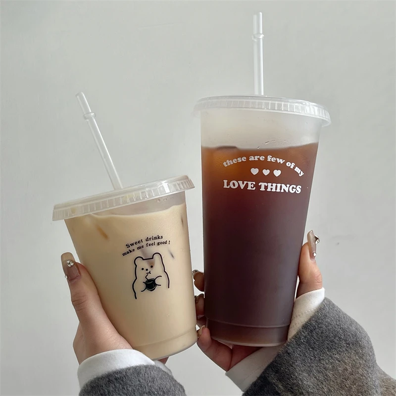 

Kawaii Cold Cups With Lid Straw Reusable Bottle Cute Printed Water Bottle For Coffee Juice Milk Tea Portable Drinkware Bottle