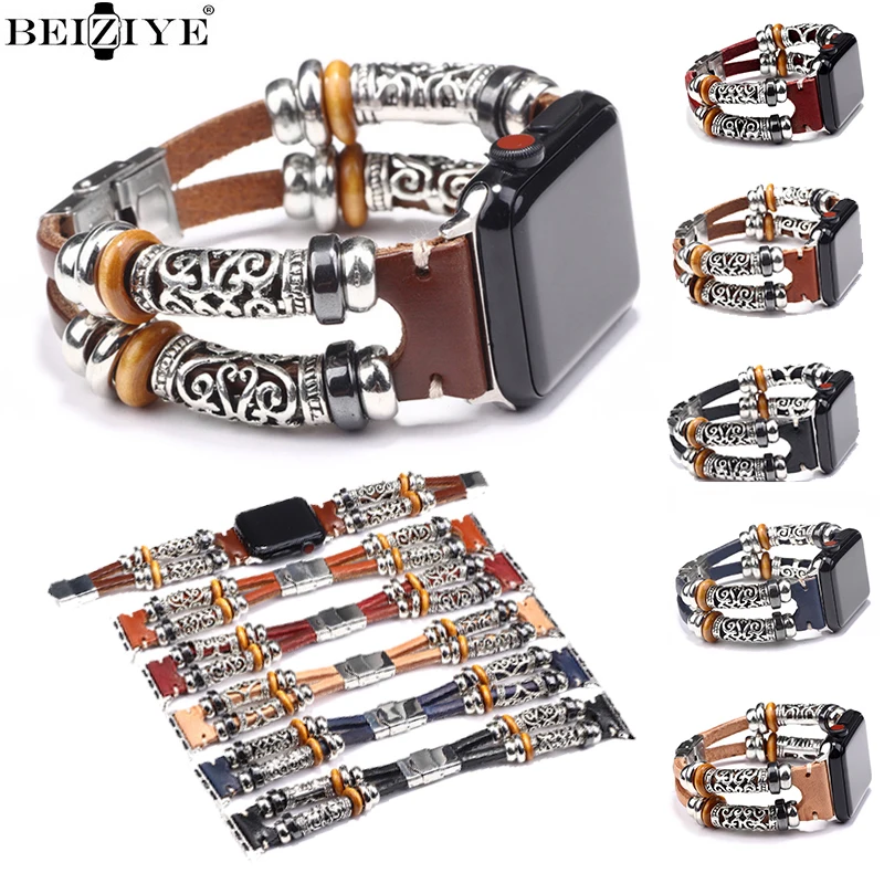 

Vintage Handmade Bead Bracelet For Apple Watch Band 7 44mm 42mm 40mm 38mm 45mm 41mm Leather Strap For iwatch series 6 SE 5 4 3 2