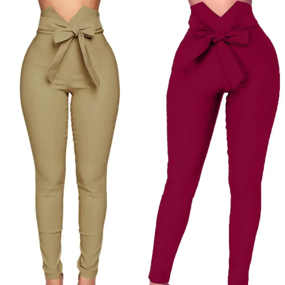 

Slim Solid Color High Waist Pencil Pants Elastic Chic Trousers Lady Bow Belt Slim-Fit Waist Bow Belt Slim-Fit Tr
