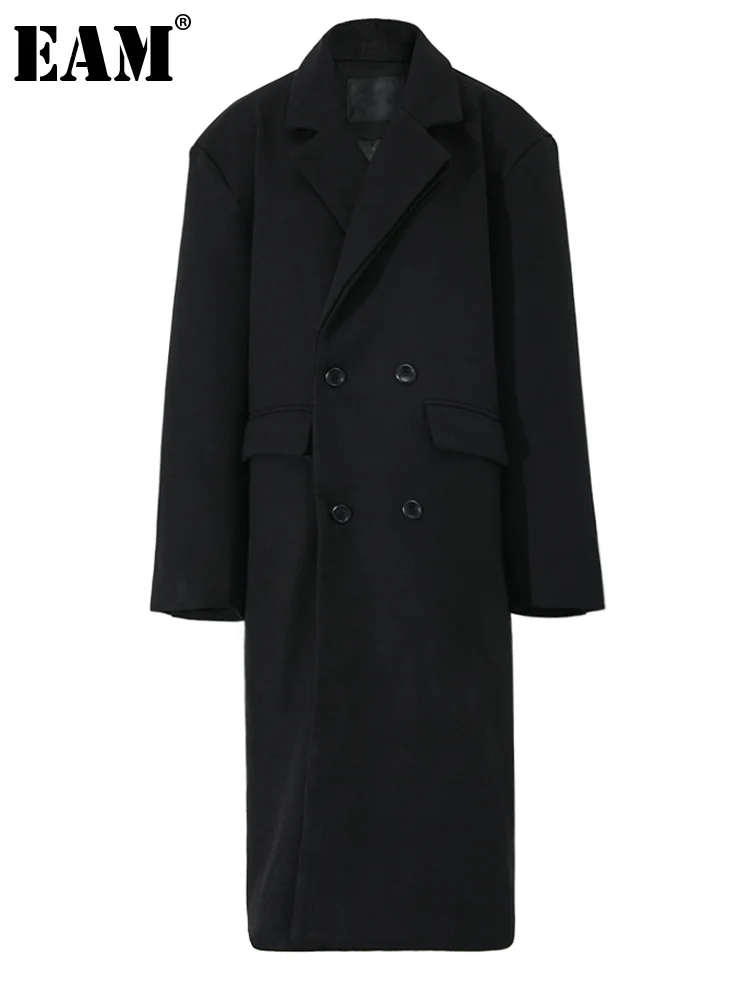 

[EAM] Loose Fit Black Side Slit Big Size Long Woolen Coat Parkas New Long Sleeve Women Fashion Tide Autumn Winter 2023 1DF4366