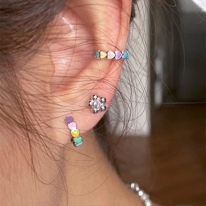 

2pcs Korean Fashion Silver Rainbow Heart Mono-Ear Cuff For Women Fashion Colorful Ear Clip Y2K Aesthetic Jewelry 1pc