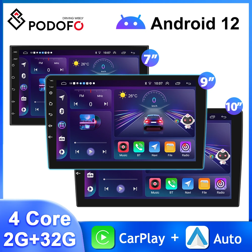 Автомагнитола Podofo, 7 дюймов/9 дюймов/10,1 дюйма, Android 12, 2Din, мультимедийный видеоплеер, 1080P, зеркальная связь, Carplay, авто, Bluetooth, Wi-Fi, FM, стерео