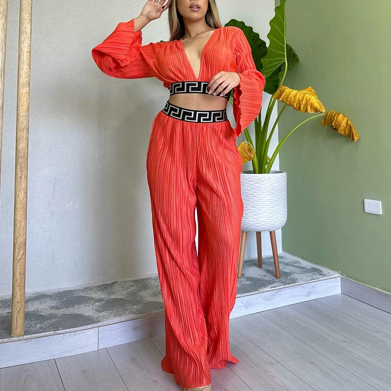 

Retro Geometry Print Pleated Two Piece Set Women Sexy Hollow V-neck Crop Top+Wide Leg Pants Suit Spring Fall Flare Sleeve Outfit