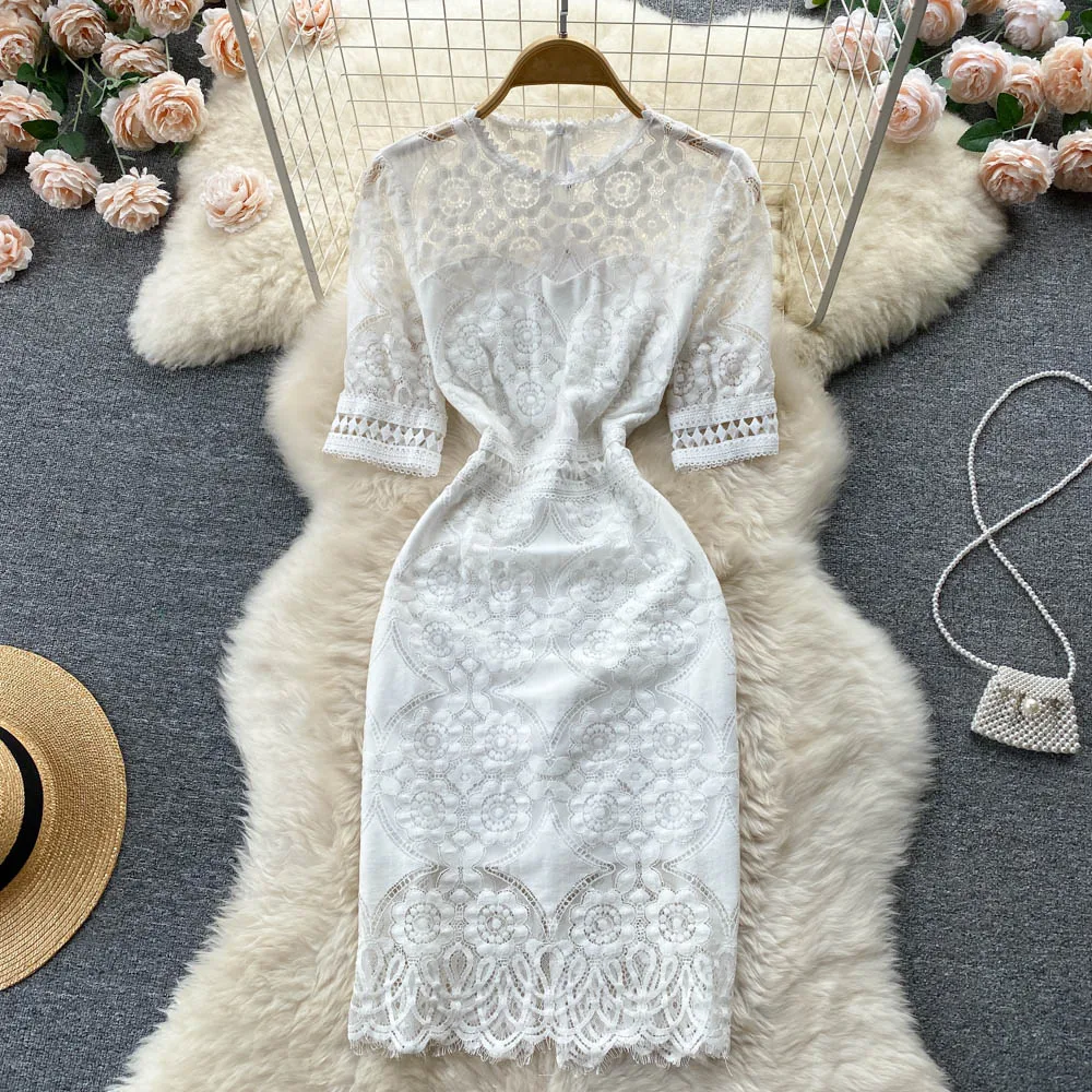 

2022 Summer New Korean Women Round Neck Short Sleeve Retro Lace Cheongsam Loose Slim Package Hip White Dress Vestidos E256