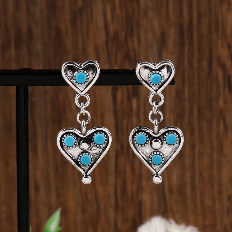 Богемные женские серьги Металлическая резьба в форме сердца синие камни висячие