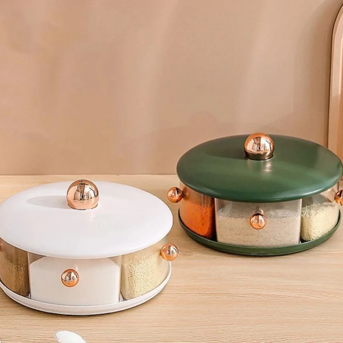 

New Turntable Spice Organizers 360° Rotating Seasoning Container 5 Grid Detachable Seasoning Box with Spoon Reusable Plastic