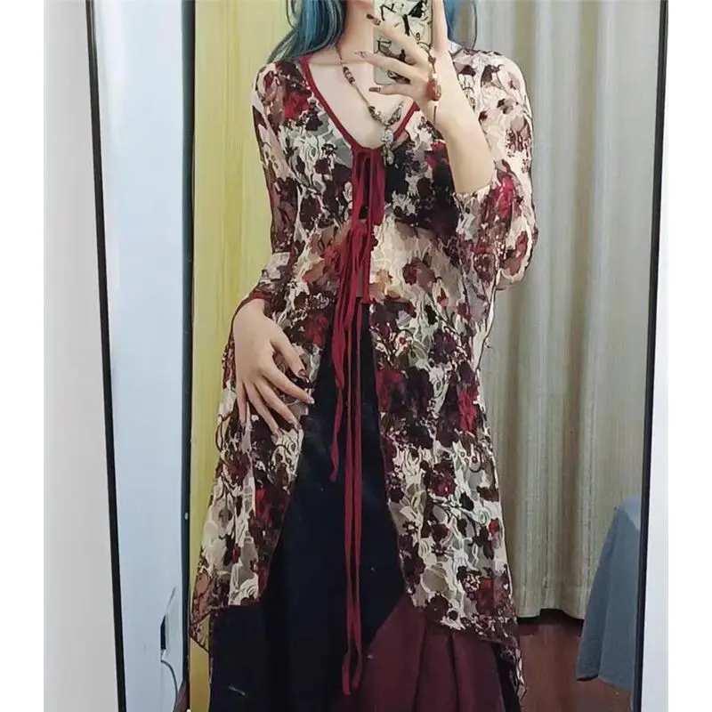 Женский винтажный кардиган средней длины с цветочным принтом