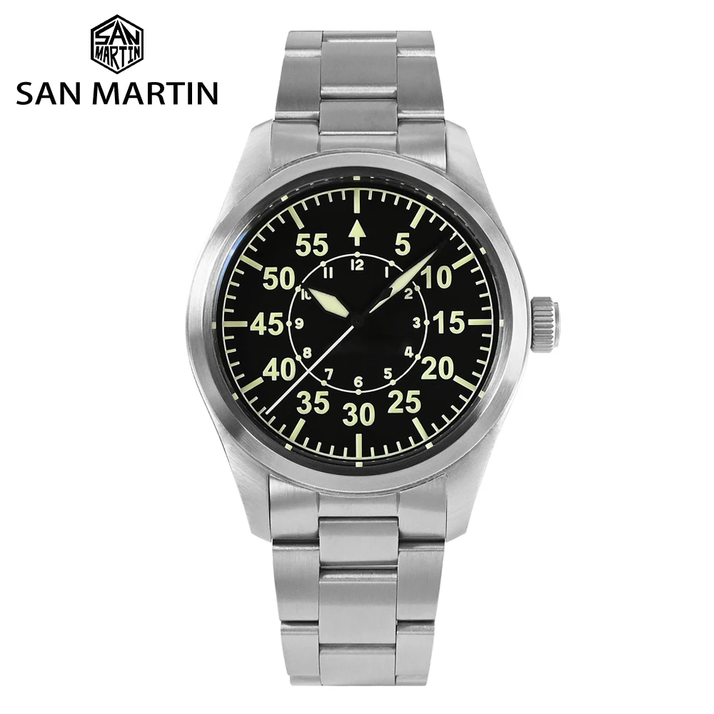 

San Martin Mens Pilot Watches Men Watch 39mm Automatic Military Mechanical Wristwatch 200M Waterproof C3 Luminous Sapphire YN55A