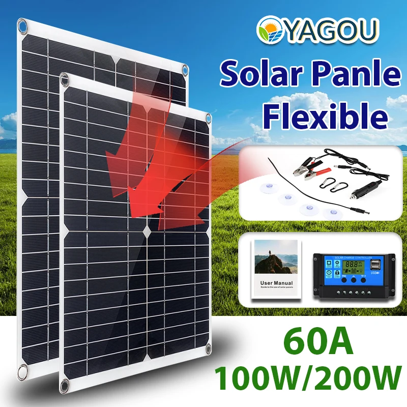 

YAGOU 60A Flexible Solar Panel Kit Complete with Controller 100W/200W USB Charger Outdoor Travel Hiking Camp for Mobile Phone