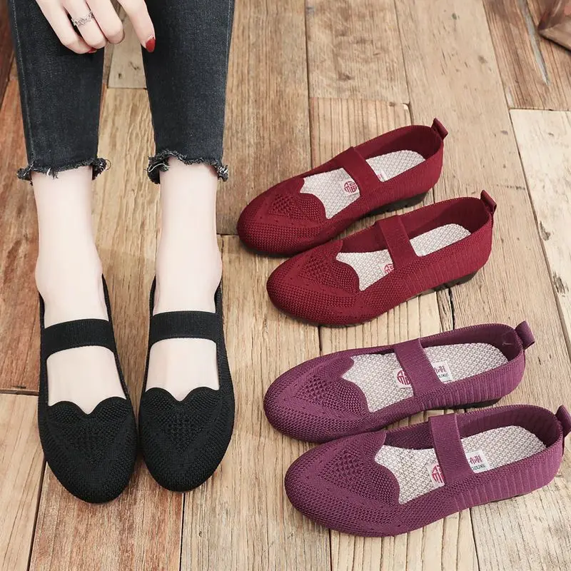 casual pretty strappy flats women's knitted mary jane shoes driving loafers mom comfort flat wedged shoes woman simple flats