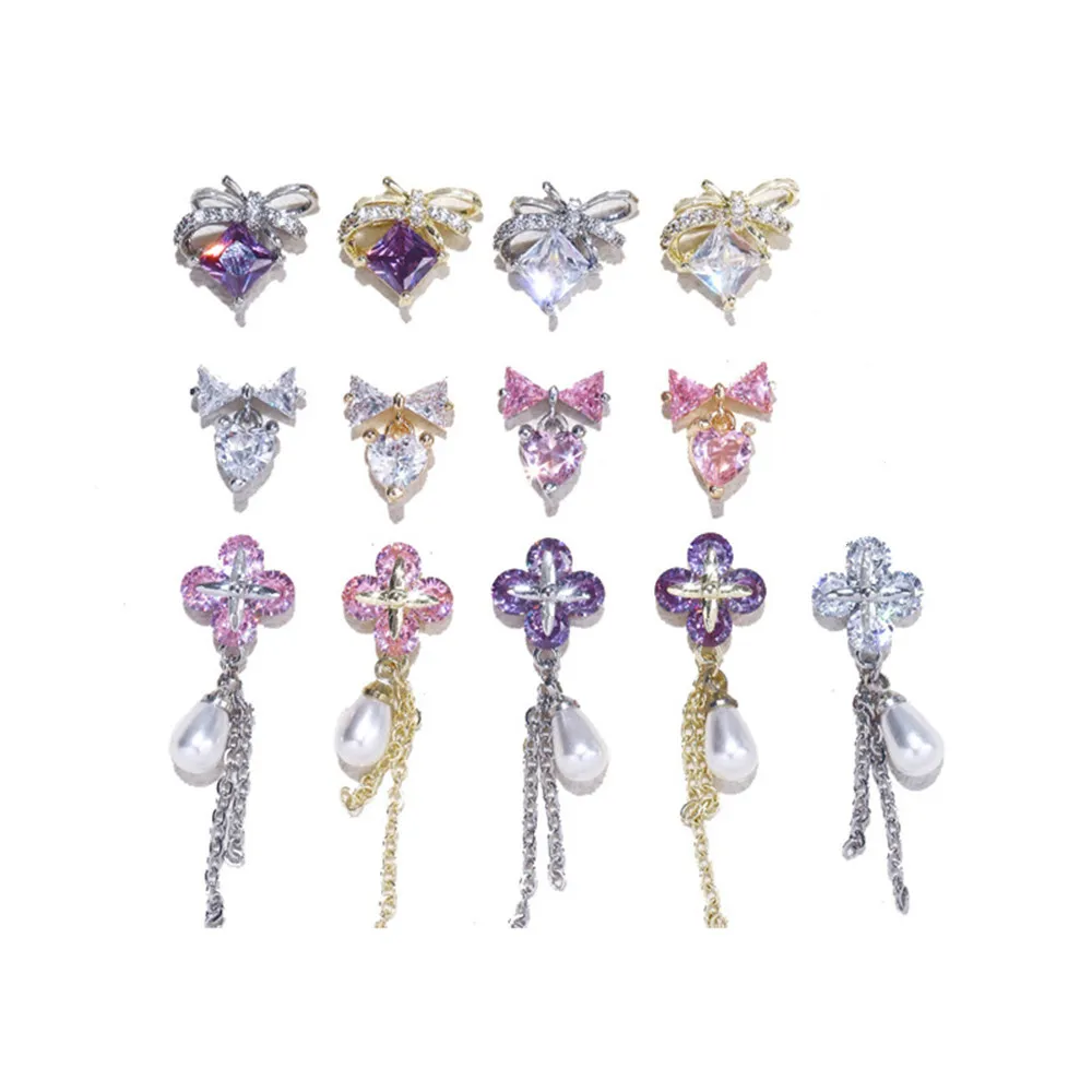 

1Piece Zircon Clover Pendant Nail Charm Cross Four-Leaves Clovers Pearl Decoration 3DLong-Chain Rhinestone Dangle Lucky Ornament