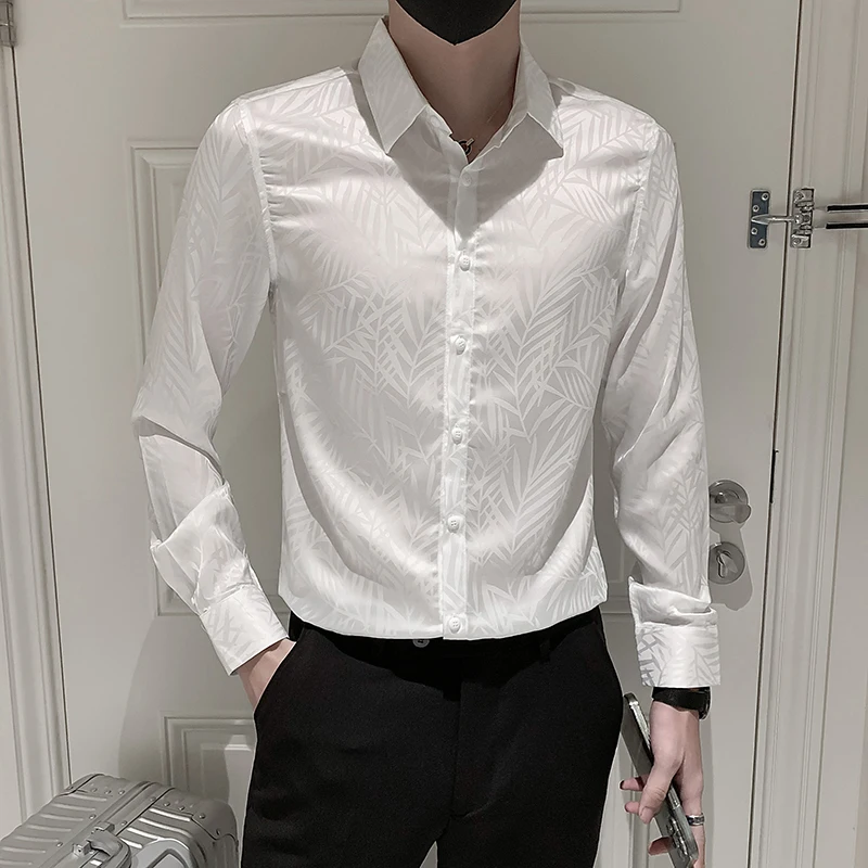 2021 Autumn Print Shirts for Men's Long Sleeve Casual Business Slim Fit Streetwear Men Clothing Social Party Tuxedo Dress Blouse