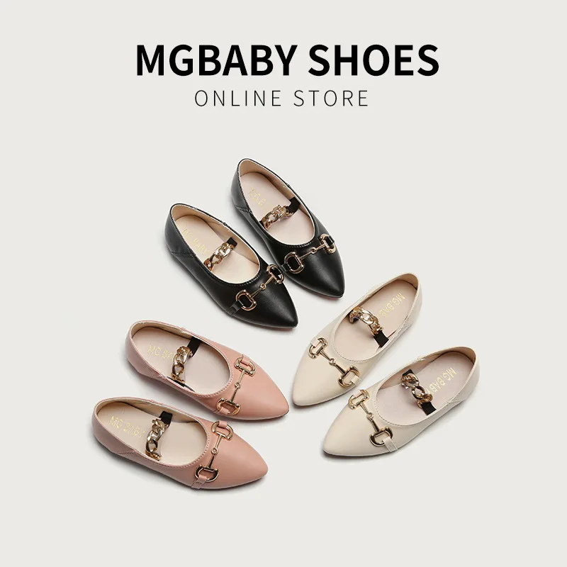 

Girls PU Leather Shoes Pointed Toe Metal Chain Pure Color Summer Kids Sandals Fashion Luxury Spring Children Shoes