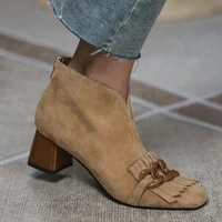 2021 autumnwinter women boots sheep suade round toe square heel mid heel ankle boots fringed zipper fashion office lady shoes