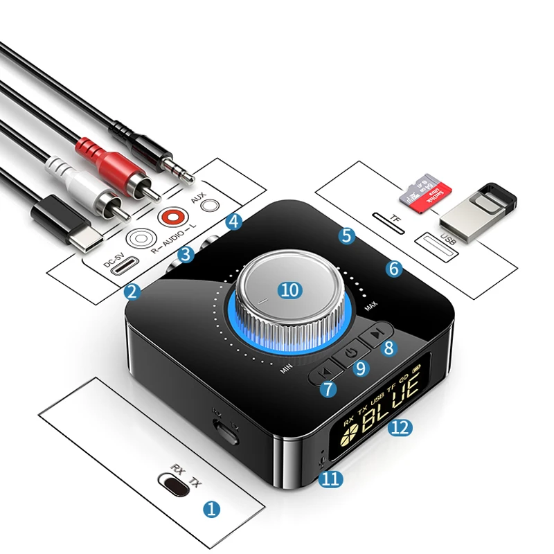 Bluetooth 5 0 приемник передатчик микрофон TF U-диск стерео 3 мм AUX разъем RCA беспроводной