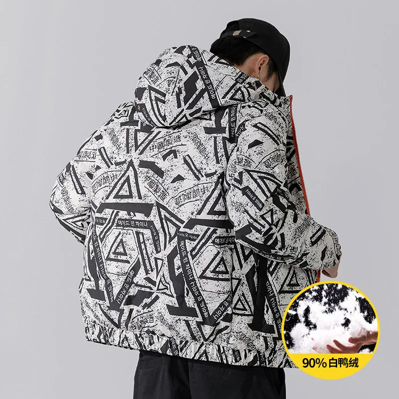 2022 New Men's Winter Clothing Couple Windproof Printed Hooded Jacket White Duck Down Jacket High Street Harajuku Men's Clothing