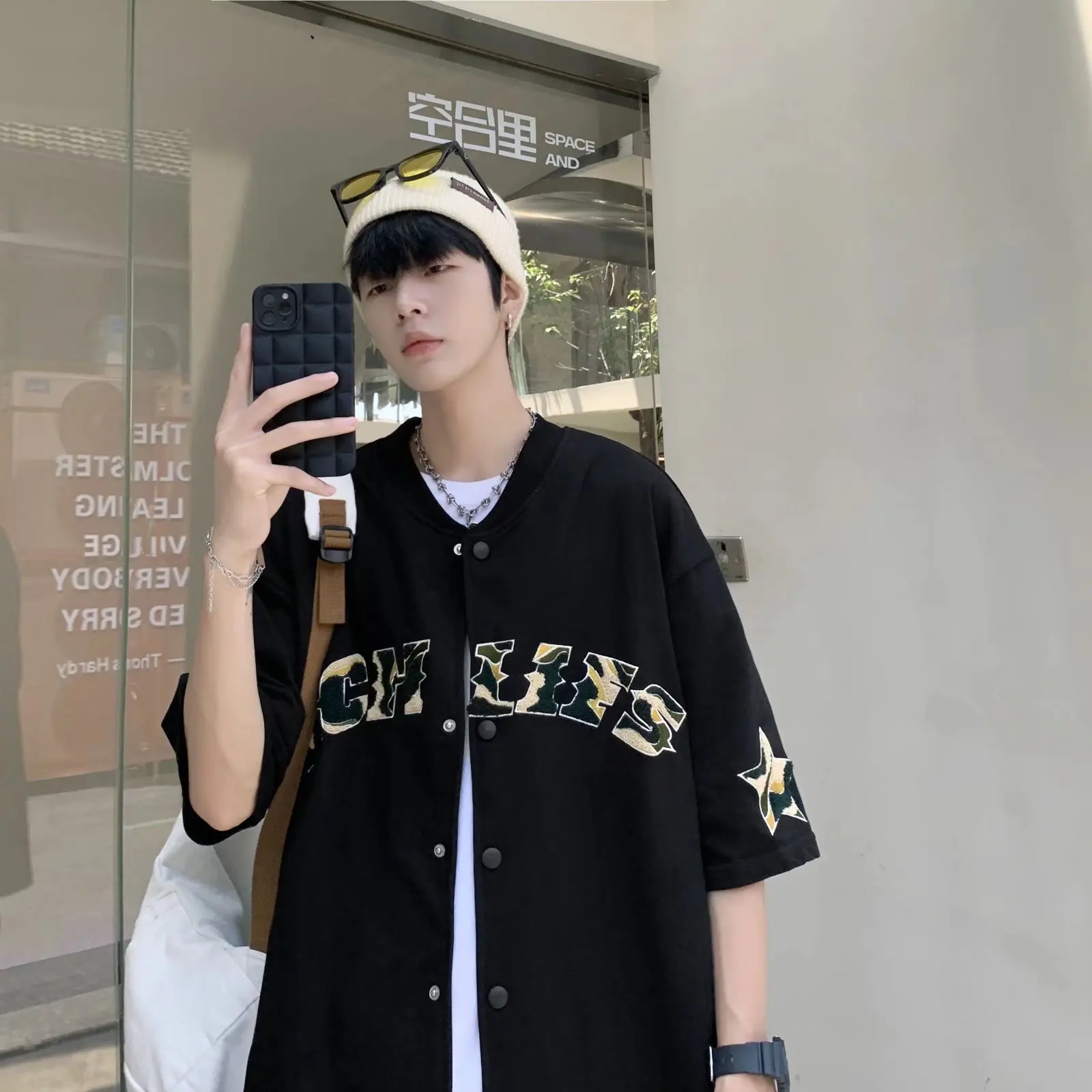 CHIPS 2022 Summer Camouflage letter Fashion Men Shirt Hip Hop Shirt Print Short Sleeve Collarless Shirt Oversize Streetwear