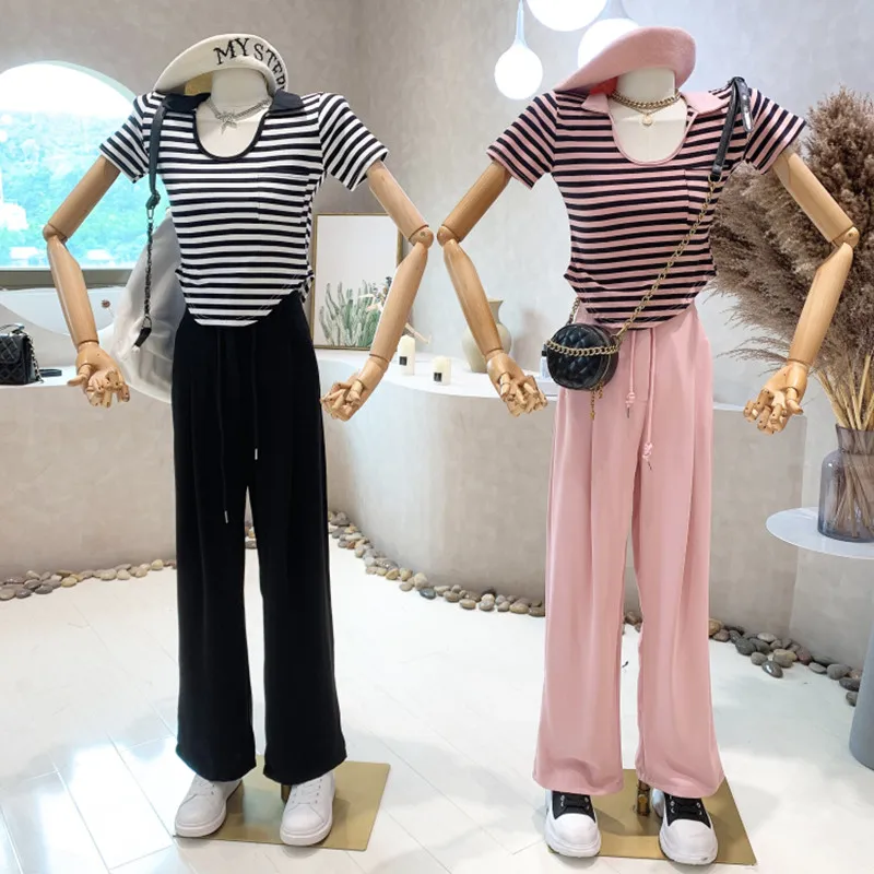 

New Women's Clothing 2022 Summer Striped short sleeved T-shirt + high waist and wide leg casual pants fashion two-piece set