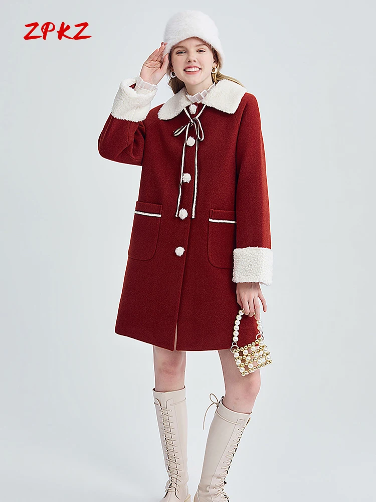 

ZPKZ Vintage Red Lapels Women Tweed Coat Winter New Stylish Lamb Wool Sleeves Single-Breasted Midi Coat