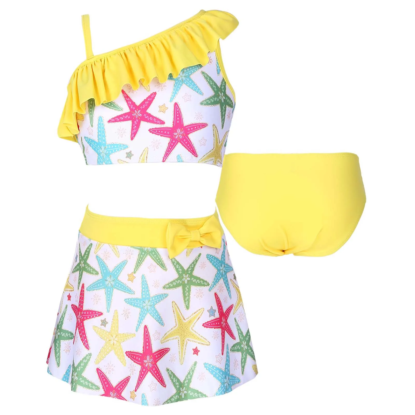 Summer Beach Swimming Suit Kids Girls Swimsuit Swimwear 3Pcs Ruffles Floral Print Crop Top with Skirt Briefs Sets Bathing Suits