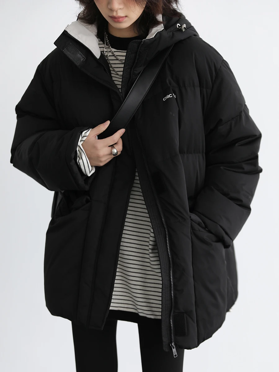 CHIC VEN Women's Down Coat Contrast Collar Solid Thick Detachable Hooded 90 White Duck Down Down Jacket Winter 2022