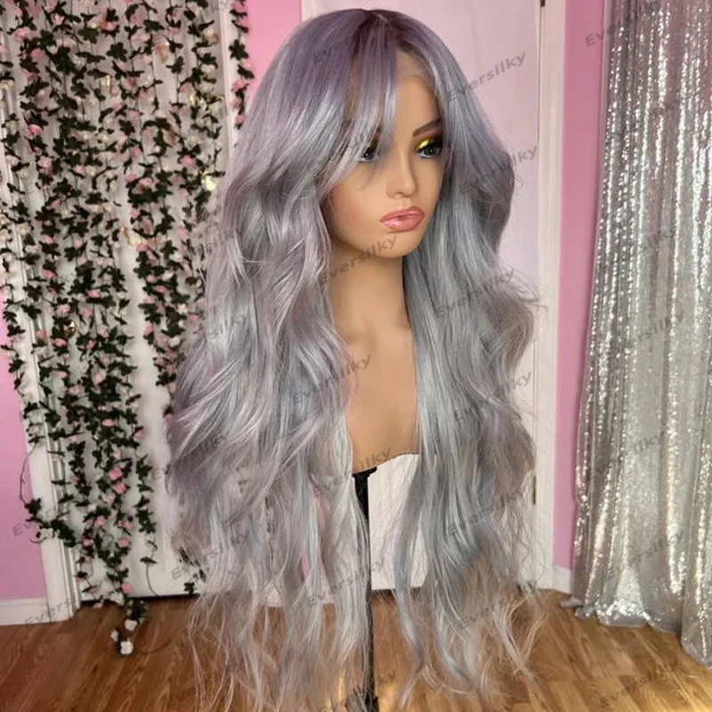 

Transparent Lace Fringe Grey Blonde Wavy Human Hair 13x4 Lace Front Wigs Glueless 200Density Natural Long Curtain Bangs Wigs