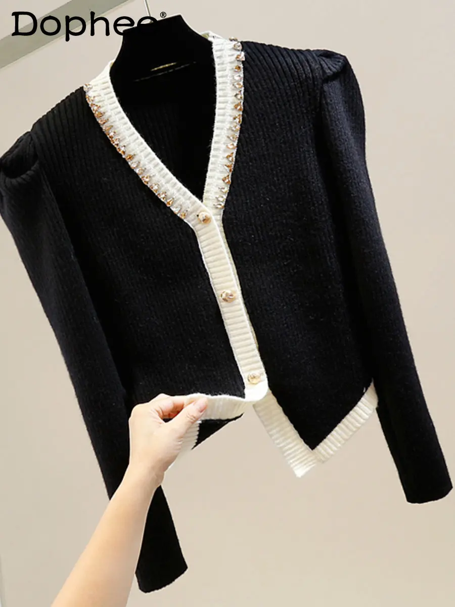 

Heavy Industry Beaded Diamond Irregular Contrast Color Sweater Coat Women Winter Bubble Long Sleeve Slimming Knitted Sweater Top