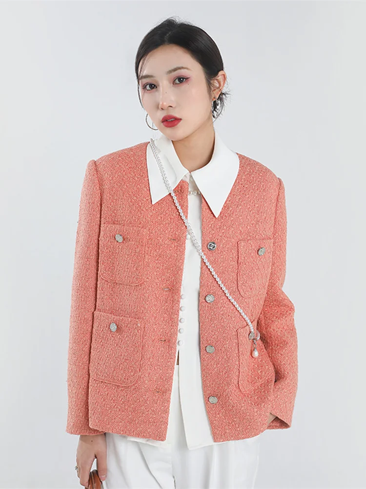 

Runway Women Tweed Coat 2022 Designer Spring Elegant Round Neck Pockets Elegant Orange Tweed Jacket Outwear High Quality