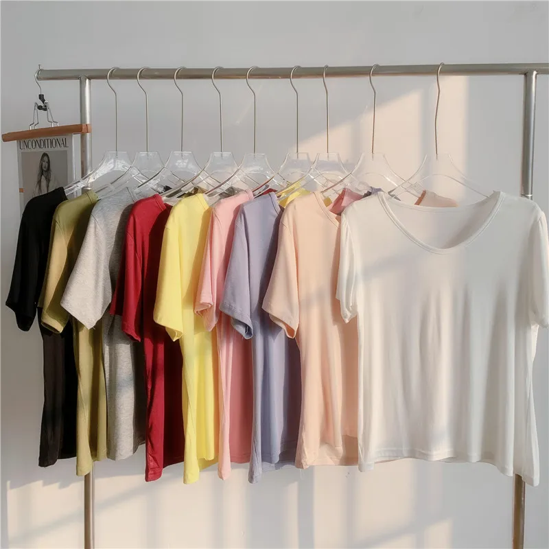 

2022 New Short sleeve T-shirt woman Summer solid color slim v-neck candy color versatile casual bottom T-shirt woman