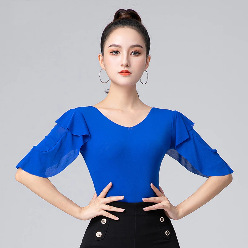 

Ballroom Latin Dance Tops Women Practice Clothing Summer Ruffle Sleeves Leotard Waltz Dance Performance Costume Black Top BL8444