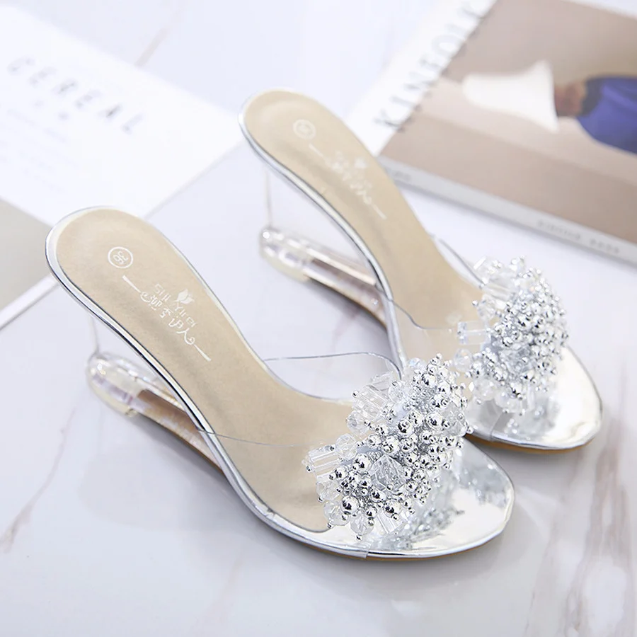 

Summer New Wedges Sandals Women Sexy Crystal Transparent High Heels Glass Slippers String Bead PVC Slippers Fashion Shoes 986