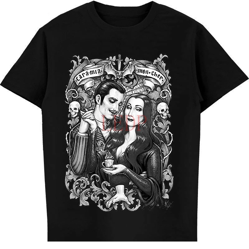 

Cara Mia Mon Cher Morticia And Gomez Addams Parody Black T-Shirt S-4XL
