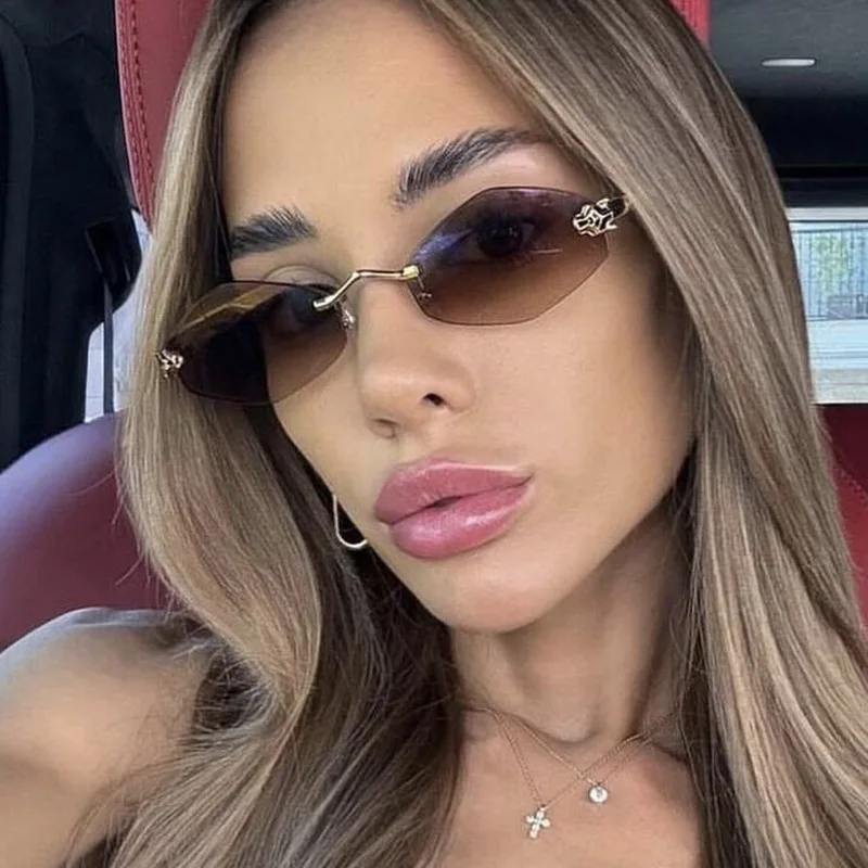 Роскошные брендовые многоугольные женские солнцезащитные очки без оправы