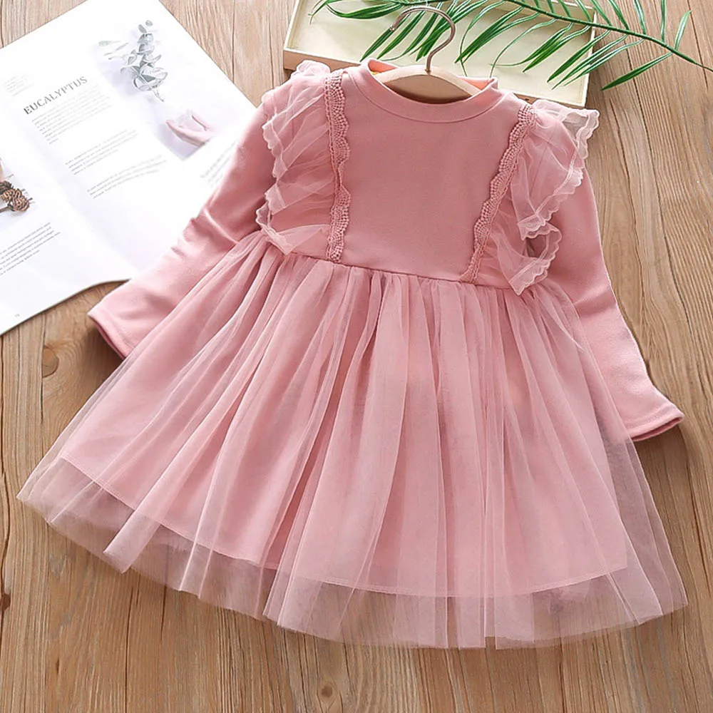 

Платье для маленьких девочек, одежда, Новинка весна-осень 2022, корейский стиль, кружевное платье с длинным рукавом для девочек, Сетчатое плат...