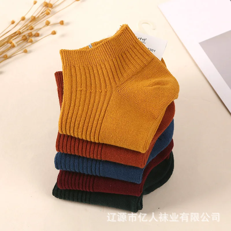 Socks women's spring and summer new women's double-needle striped boat socks Japanese solid color retro sweat-absorbing shorts
