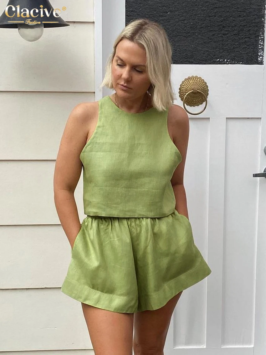 

Clacive Fashion Slim Green Linen 2 Piece Set Women Outfit 2023 Summer Sleeveless Tank Top Matching High Waist Shorts Set Female