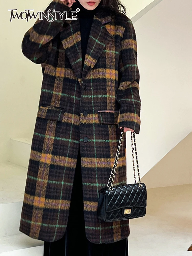 

Женский клетчатый плащ TWOTWINSTYLE, однобортный плащ составного кроя с отложным воротником и длинными рукавами