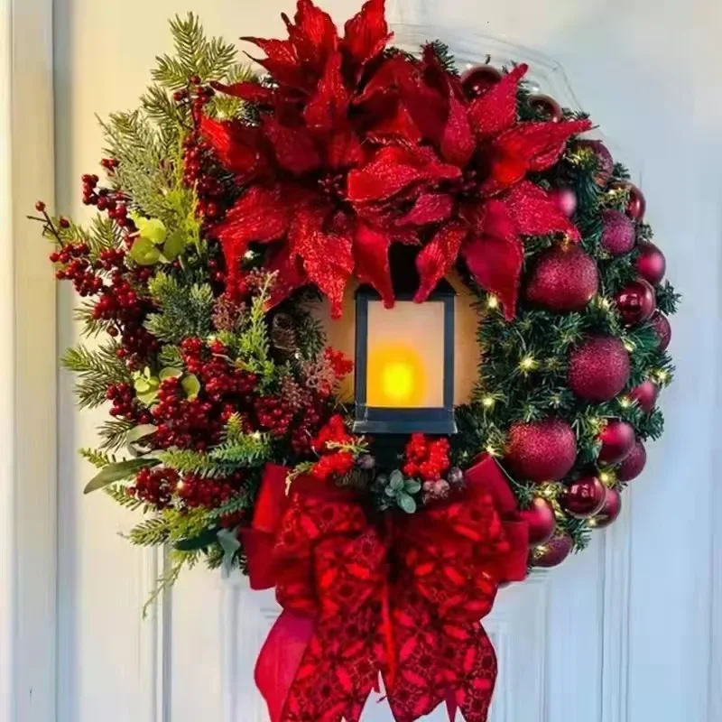 Рождественский венок с лампой бант шар большой красный цветок Navidad вечерние