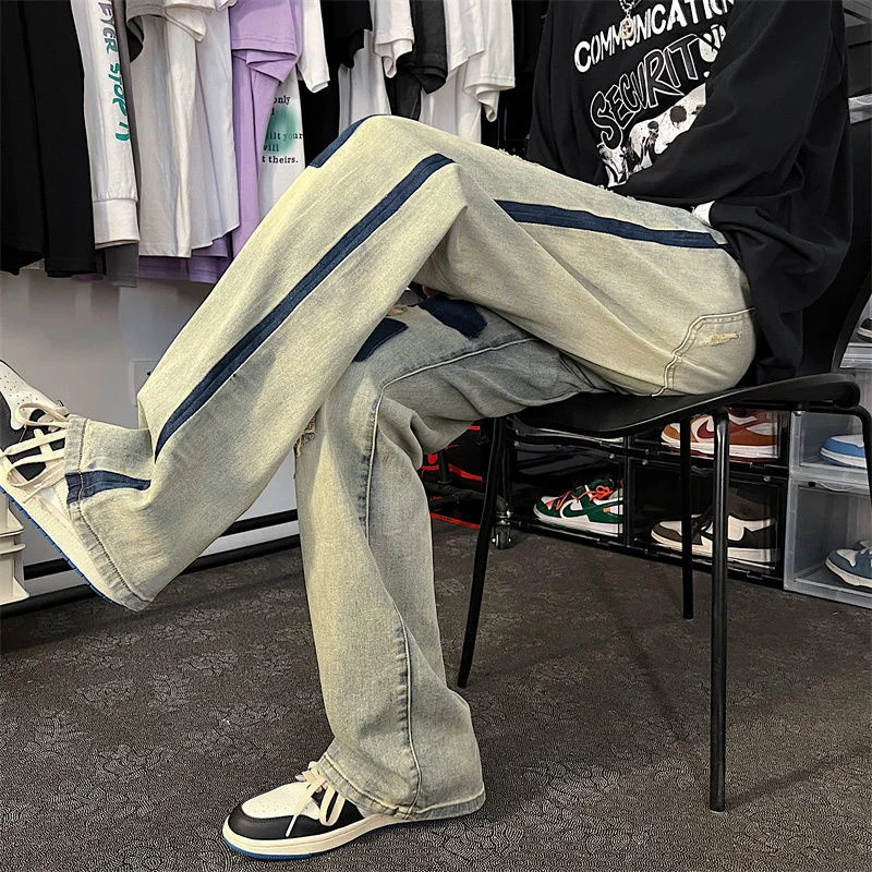 Summer Blue Ripped Baggy Jeans Men Fashion Casual Hole Straight Jeans Men Streetwear Hip Hop Loose Denim Pants Mens Trousers