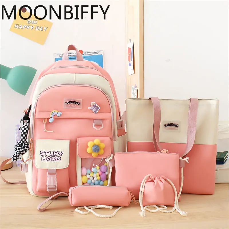 

5 Pcs Sets Kawaii Backpacks for Teenage Girls Pink School Bags for Students Bookbag Women's Backpack with Pencil Case mochilas