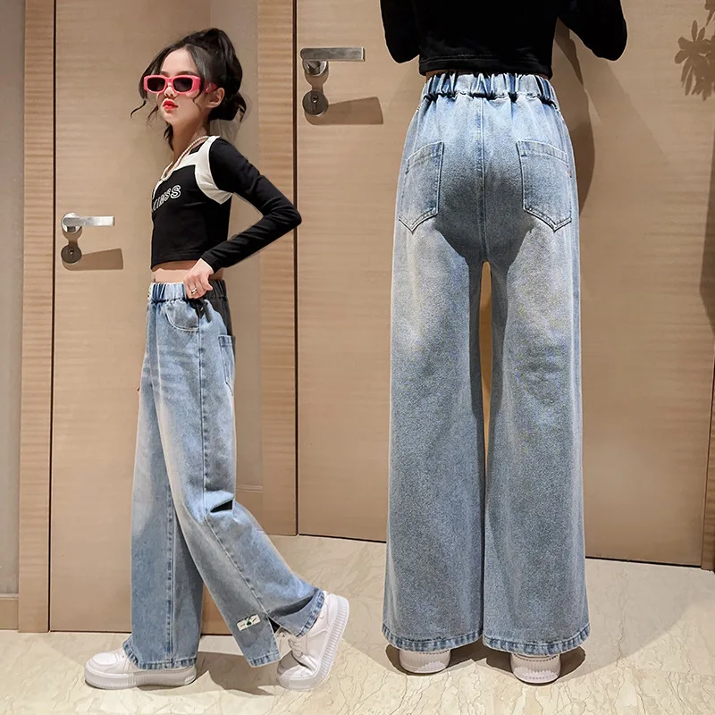 

Teen Girl Wide Leg Jeans with Split Kids Loose Denim Pants Solid Color Children Long Trousers Korean Clothing Fall Spring 5-14Y