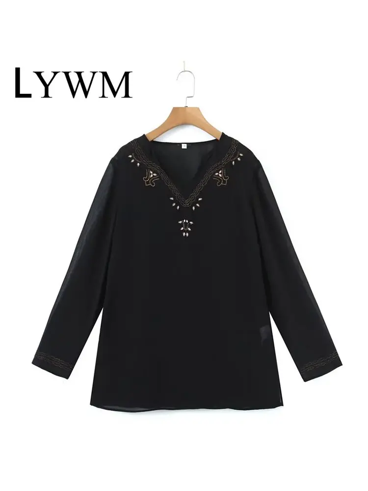 

LYWM Women Fashion Solid Embroidery 2 Piece Suits Blouse Vintage V-Neck Long Sleeves Female Chic Lady Shirts Tops