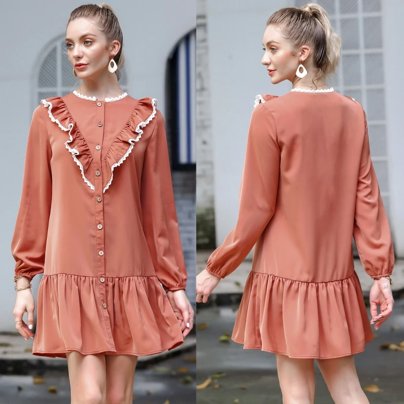 

Women Puff Long Sleeve Button Down Mini Flowy Dress Sweet Ruffles Lace Trim Patchwork Pleated Flare Hem A-Line Sundress