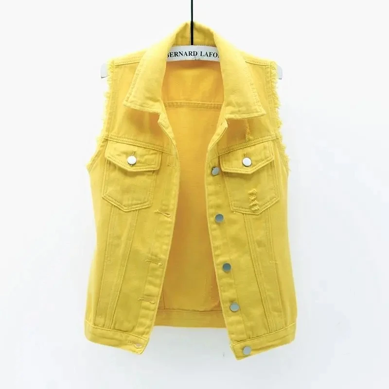 

Women Single Breasted Denim Vest Autumn Winter Solid Casual Turn-down Collar Pocket Sleeveless Short Jean Coat Streetwear Female