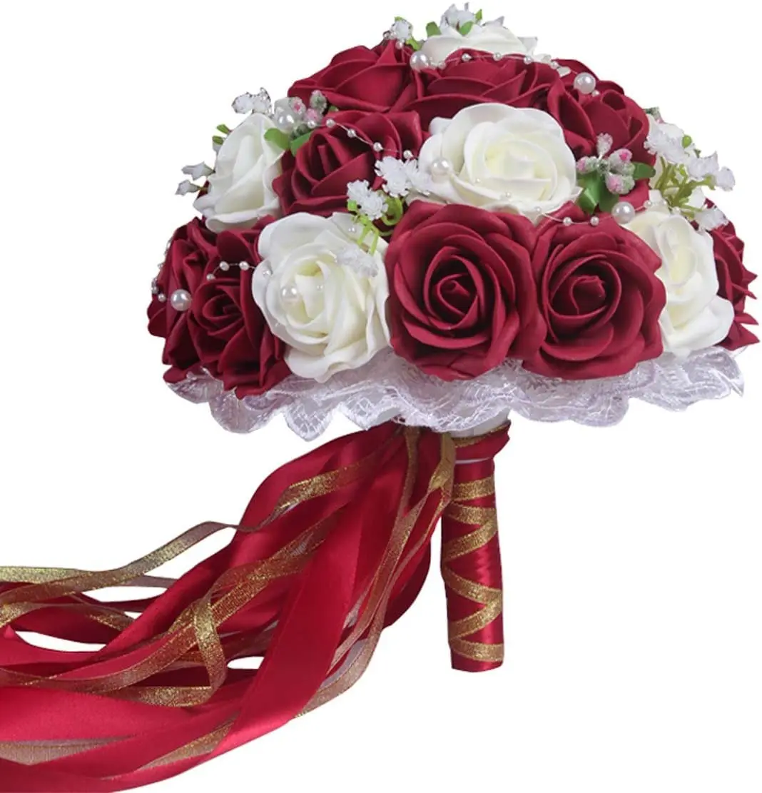 

Artificial Rose Flowers with Pearls Bridal Accessories Wedding Bouquets (Burgundy)