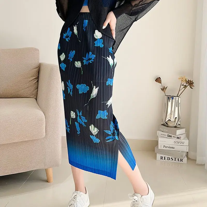 Miyake pleated skirt women's 2022 summer split print high-waisted vertical tube wrap skirt one-step skirt